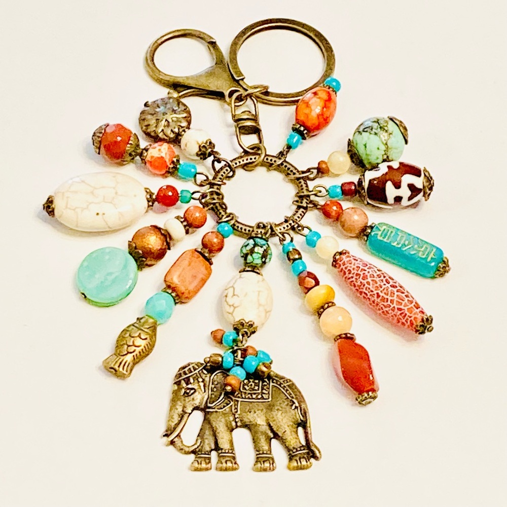 Antique Bronze Elephant Multi Stone BOHO Key Ring or Assemblage Necklace Pendant